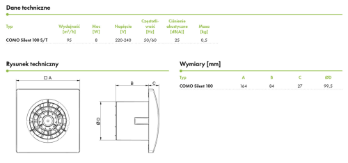 Wentylator łazienkowy Quasar 100T (dawniej Como Silent 100T) Timer IPX5