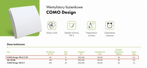 Wentylator łazienkowy QD100HTBB dawniej Como Design 100HT Czujnik wilgoci [QD100HT]