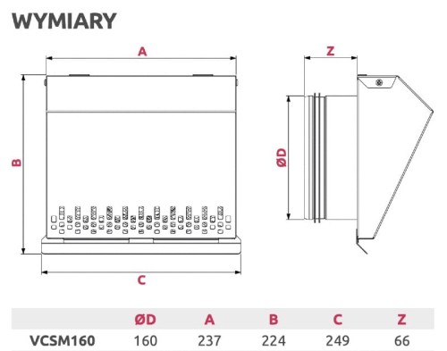 Czerpnia wentylacyjna ścienna grafitowa fi 160mm do rekuperacji